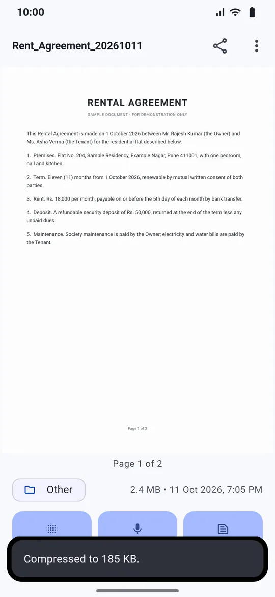 Scanned rental agreement with the message Compressed to 185 KB
