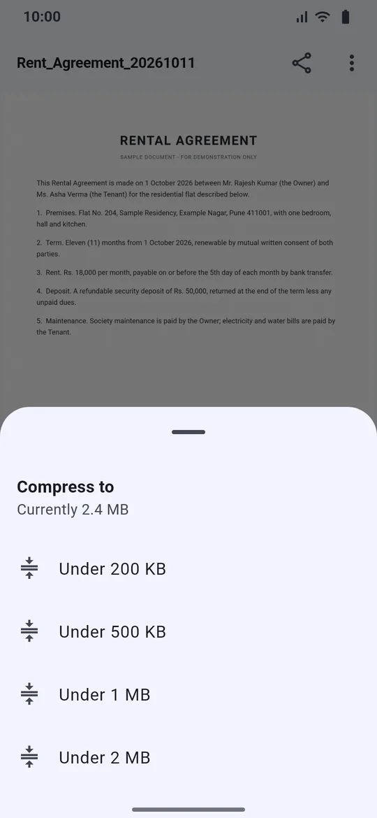 Compress sheet offering Under 200 KB, Under 500 KB, Under 1 MB and Under 2 MB for a 2.4 MB PDF