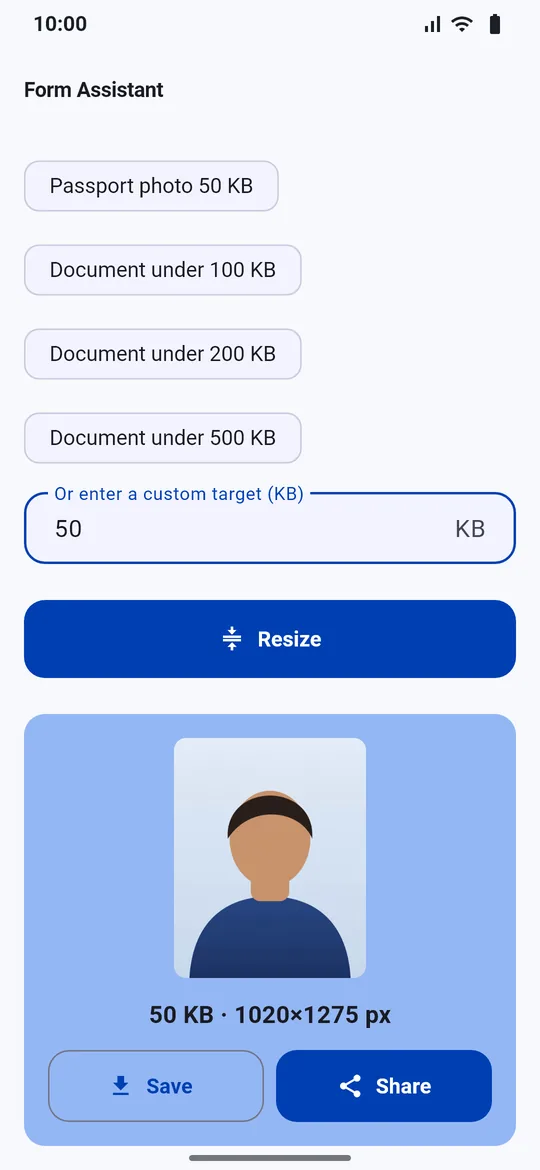 Form Assistant showing a passport photo resized to 50 KB at 1020 by 1275 pixels, with Save and Share buttons