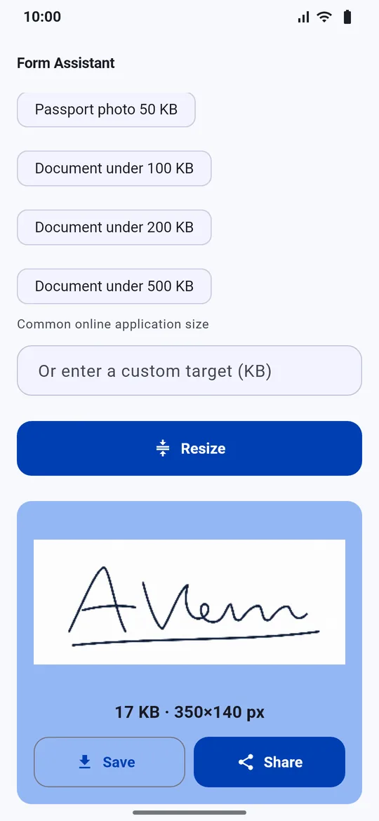 Form Assistant showing a signature resized to 17 KB at 350 by 140 pixels