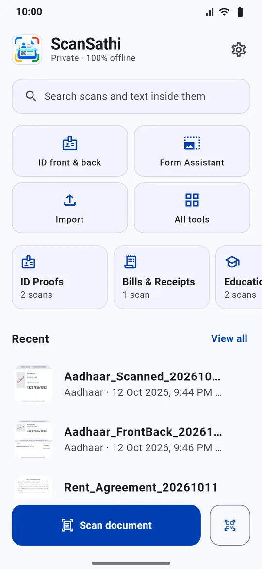 ScanSathi home: search, ID front and back, Form Assistant, Import, All tools and recent scans