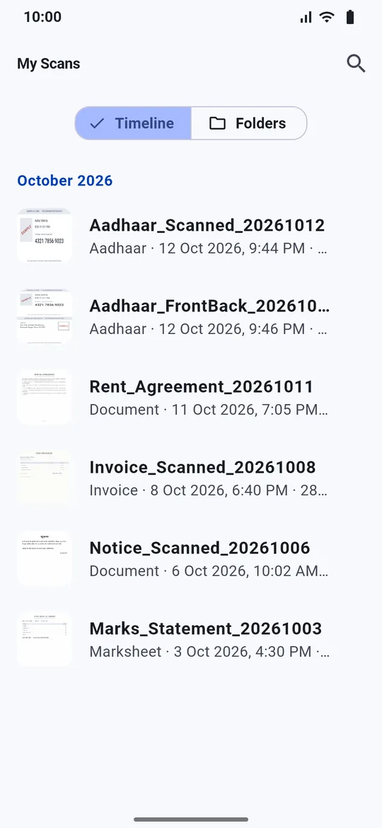 My Scans library in a timeline, with Aadhaar, rental agreement, invoice, notice and marks statement scans