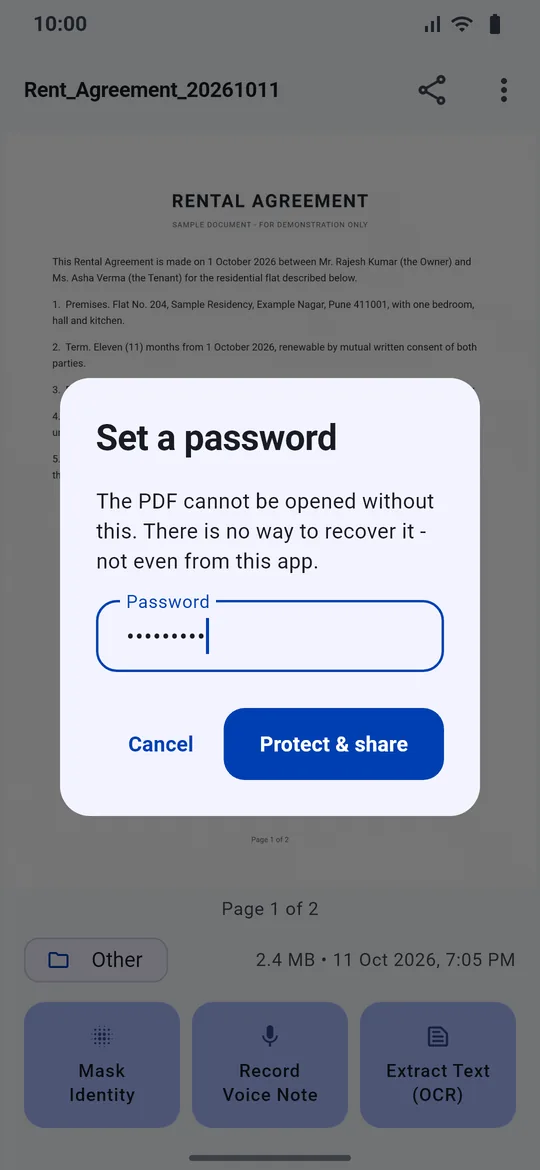 Set a password dialog before sharing a PDF