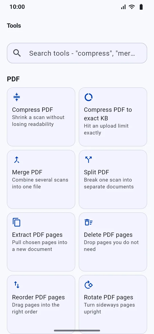 Tools hub with a search box and PDF tools: compress, merge, split, extract, delete, reorder and rotate pages