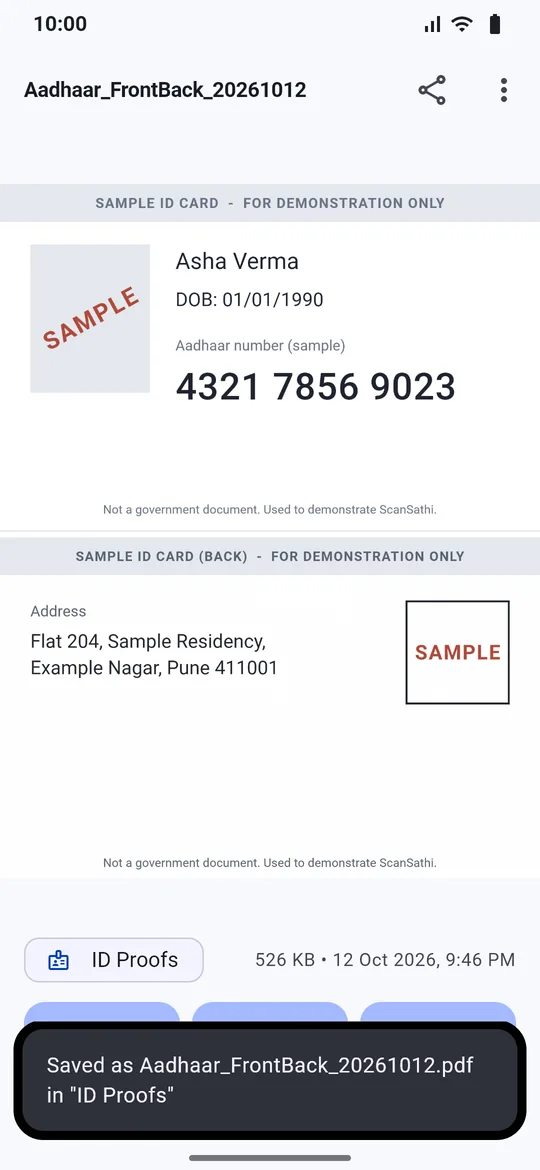 A sample ID card with front and back saved on one PDF page
