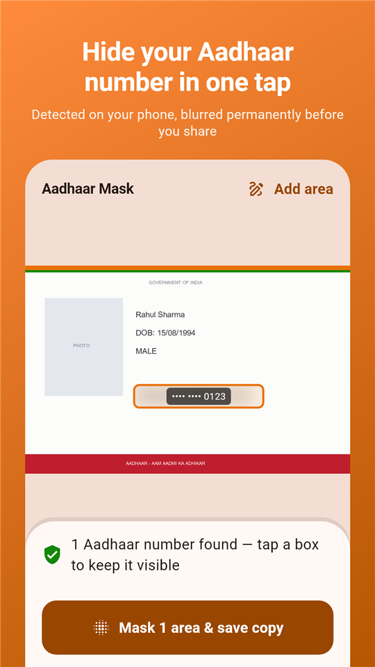 Aadhaar masking screen detecting and blurring an Aadhaar number before sharing
