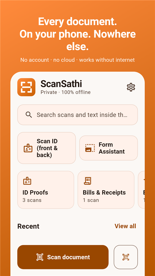 ScanSathi home dashboard showing search, folders and the scan document button