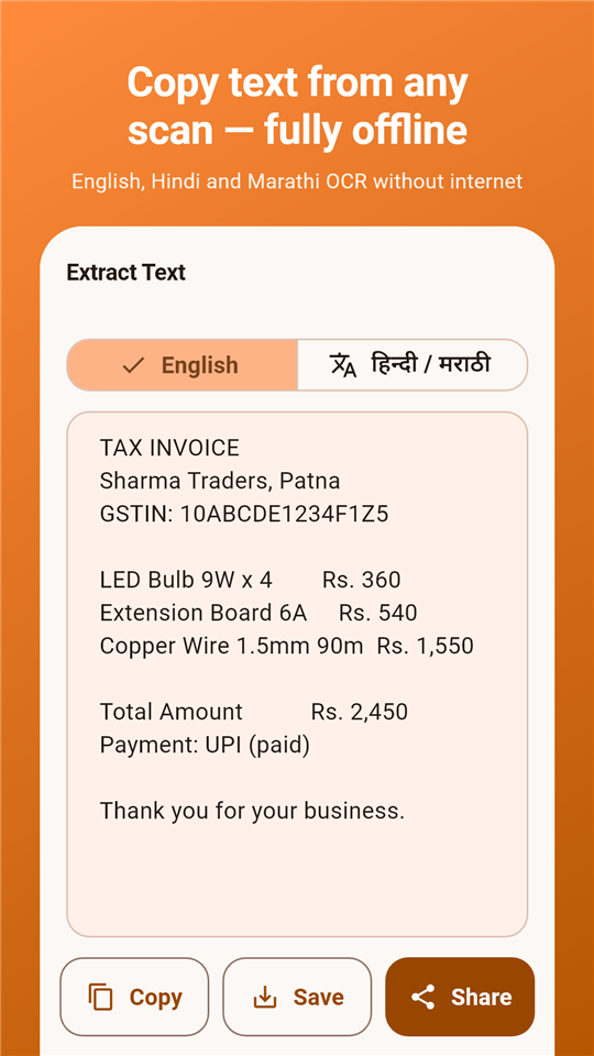 Offline OCR screen extracting English and Hindi text from a scanned invoice
